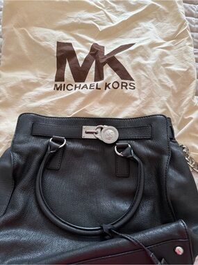 Michael Kors Black Leather Tote with Silver Hardware and MK Medallion